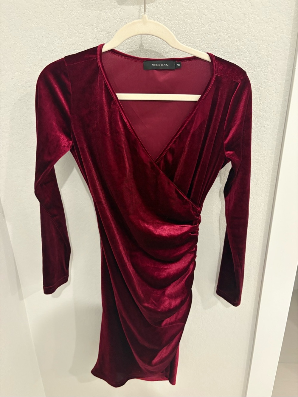 Venstina Burgundy Velvet Ruched Wrap Mini Dress